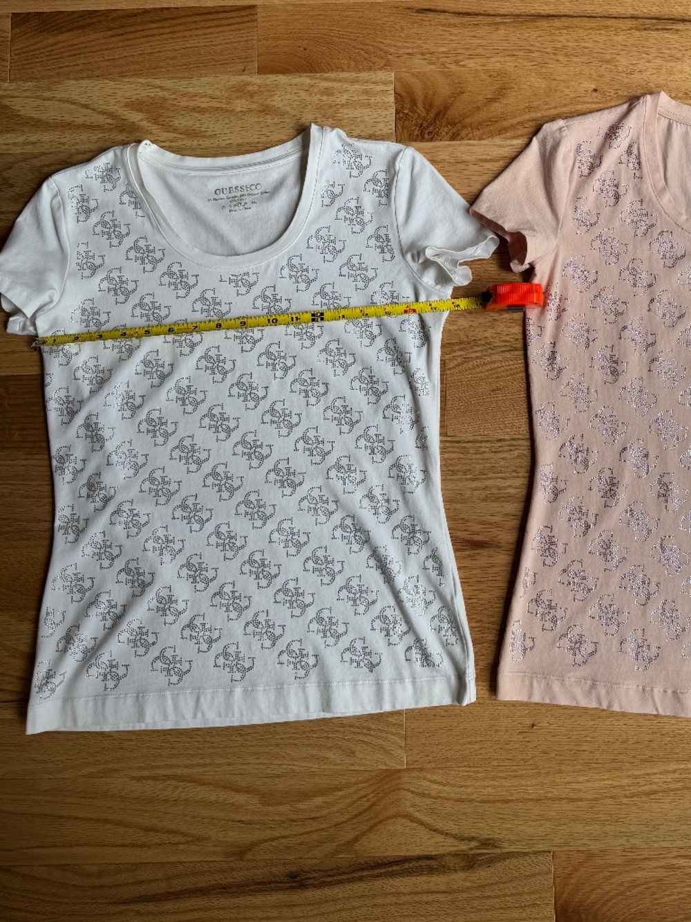 Lot of 2 Guess Eco Women's Rhinestone All-Over Logo T-Shirts White  and Pink XL